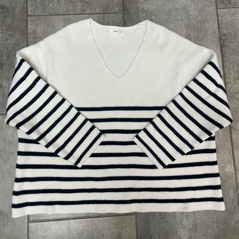 MNG White and Black Striped V-Neck Sweater